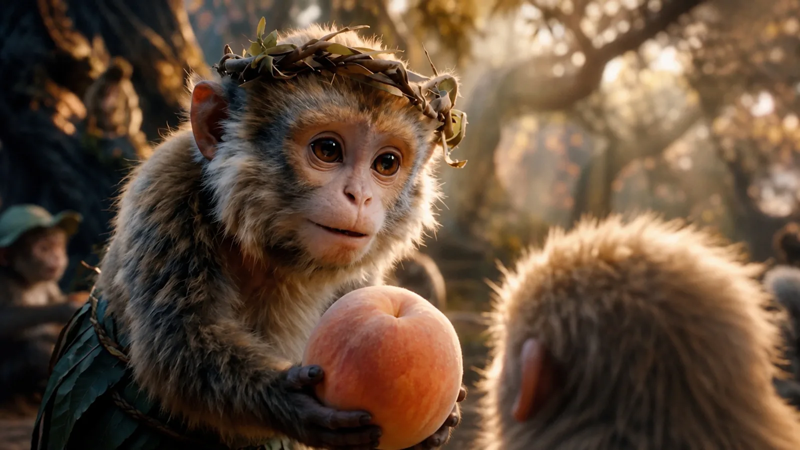 孙小圣, a small monkey hero holding a peach in Flower Fruit Mountain